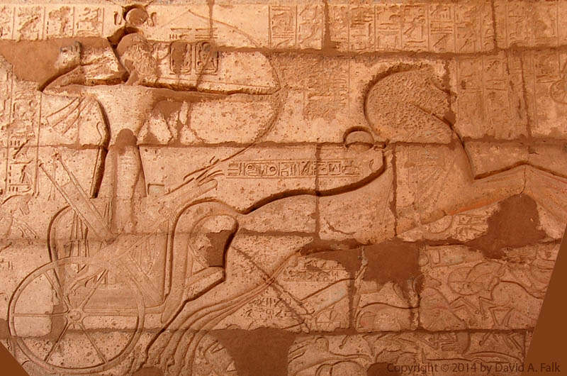 An image taken from the Ramesseum showing Ramesses II at the Battle of Kadesh.