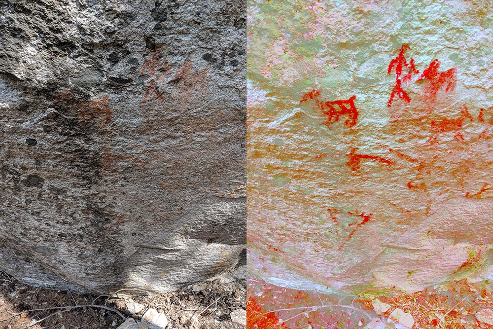 A split photo of the petroglyphs from Stein Park. The right half is enhanced by DStretch.