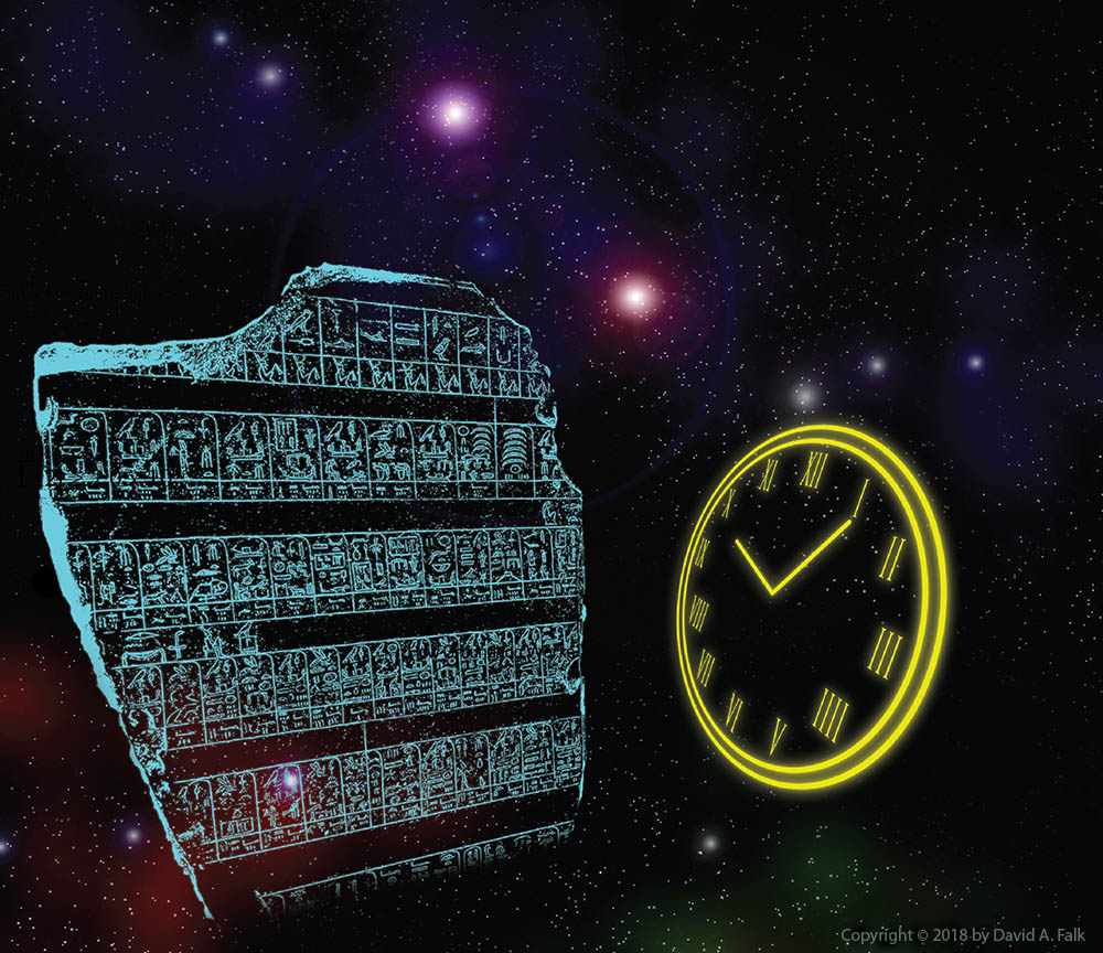 The Palermo stone and a clock set against a starscape